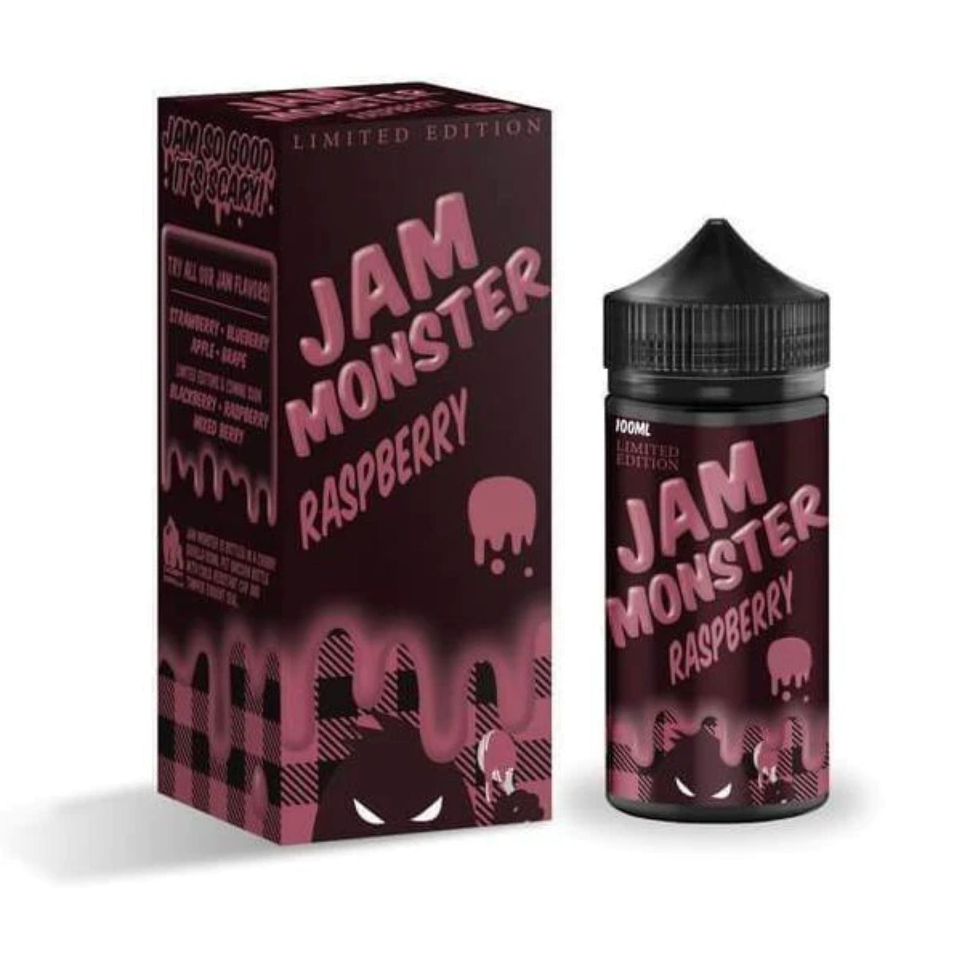 jam monster raspberry e-liquid 100ml bottle and box