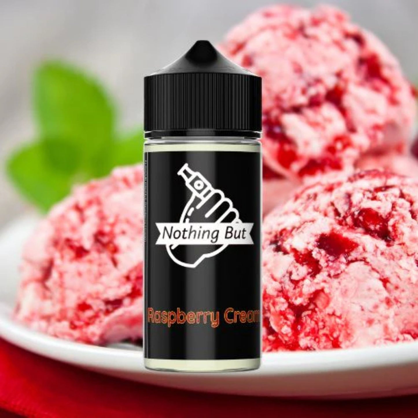 Nothing But | Raspberry Cream | 120ml bottle with raspberry ice cream background