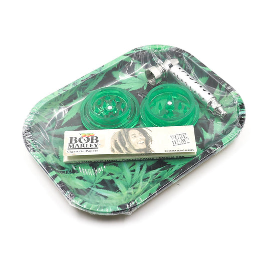 Rolling Tray Pack | Green Leaves green grinder bob marley rolling papers and 8cm dry pipe