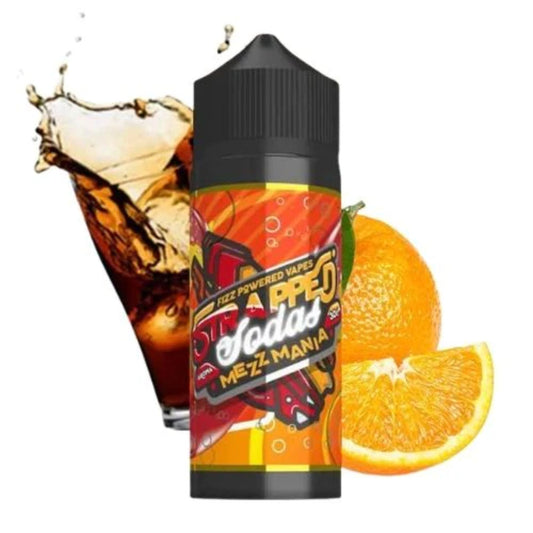 Strapped Sodas | Mezz Mania | 100ml bottle with quarter and whole orange and a glass of cola