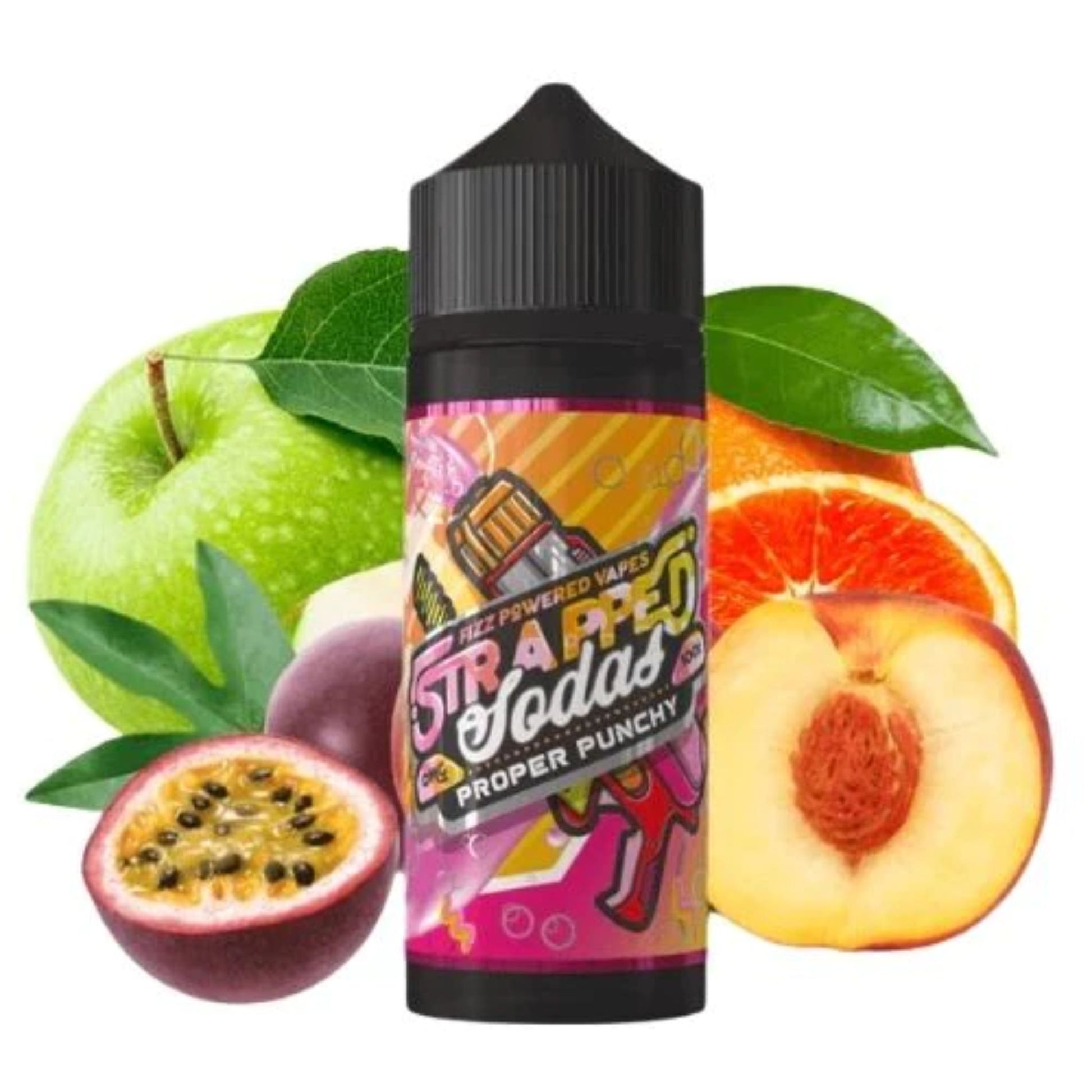 Strapped Sodas | Proper Punchy | 100ml bottle with halved passionfruit, peach and orange with whole green apple and orange