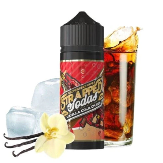 Strapped Sodas | Vanilla Cola Chaos | 100ml bottle with vanilla flower and a glass of cola drink
