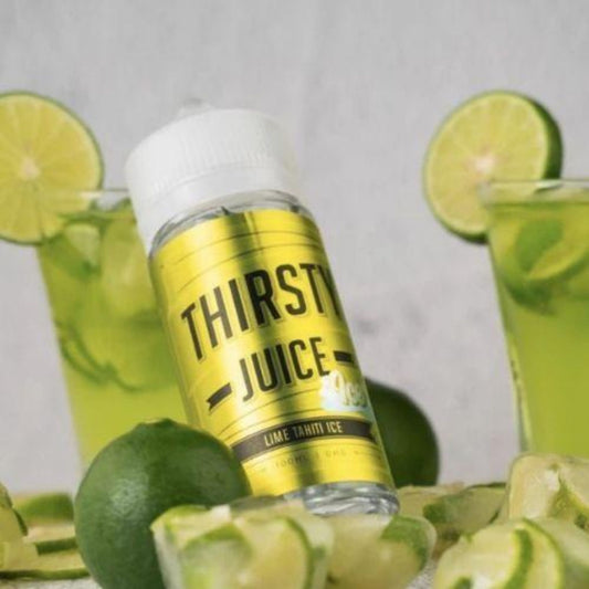 Thirsty Juice Co | Lime Tahiti Ice | 100ml bottle with 2 glasses of lime juice and sliced limes everywhere