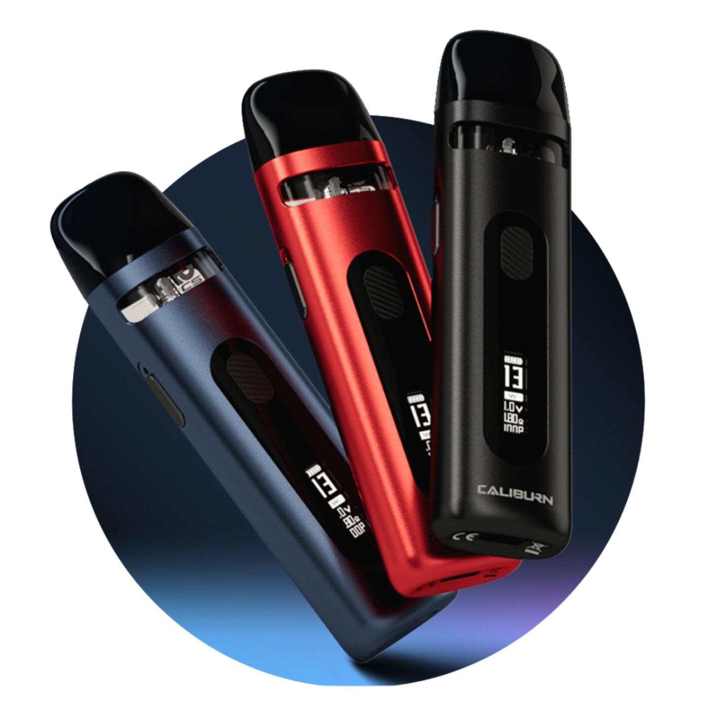 Uwell Caliburn X Pod Kit | 850mAh blue red and black kits fanned out